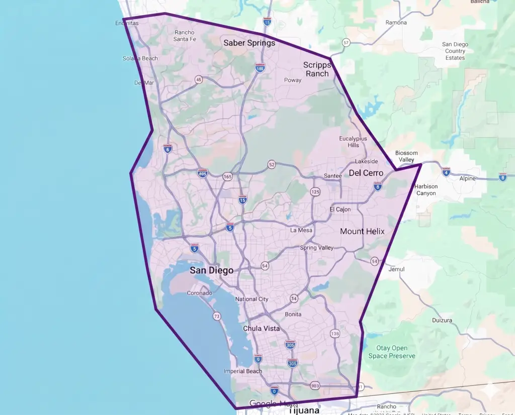 Map of San Diego highlighting neighborhoods, streets, highways, and a marked purple boundary.